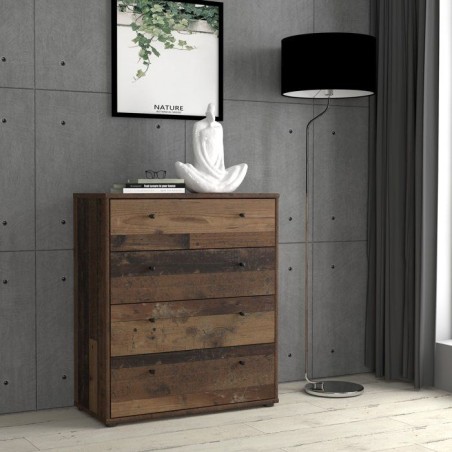 Commode TEMPRA 4 Tiroirs - Décor vieux bois – L 73,7 × P 34,8 × H 85,5 cm