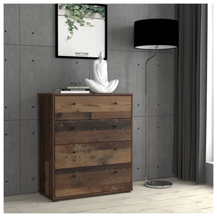 Commode TEMPRA 4 Tiroirs - Décor vieux bois – L 73,7 × P 34,8 × H 85,5 cm Commode TEMPRA 4 Tiroirs - Décor vieux bois – L 73,7 × P 34,8 × H 85,5 cm