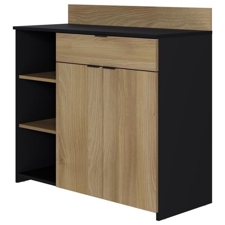Buffet Cuisine - 2 portes + 1 tiroir - Mélaminé chene et noir - L 100 x P 42 x H 95 cm Buffet Cuisine - 2 portes + 1 tiroir - Mélaminé chene et noir - L 100 x P 42 x H 95 cm