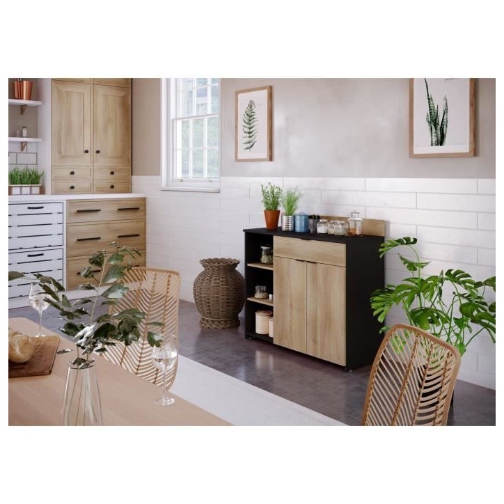 Buffet Cuisine - 2 portes + 1 tiroir - Mélaminé chene et noir - L 100 x P 42 x H 95 cm Buffet Cuisine - 2 portes + 1 tiroir - Mélaminé chene et noir - L 100 x P 42 x H 95 cm
