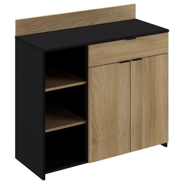 Buffet Cuisine - 2 portes + 1 tiroir - Mélaminé chene et noir - L 100 x P 42 x H 95 cm Buffet Cuisine - 2 portes + 1 tiroir - Mélaminé chene et noir - L 100 x P 42 x H 95 cm