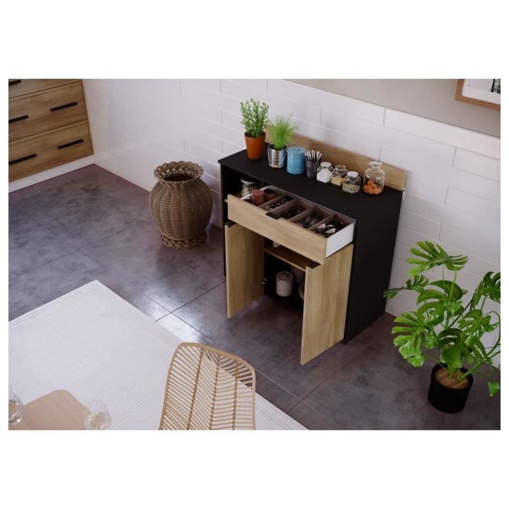 Buffet Cuisine - 2 portes + 1 tiroir - Mélaminé chene et noir - L 100 x P 42 x H 95 cm Buffet Cuisine - 2 portes + 1 tiroir - Mélaminé chene et noir - L 100 x P 42 x H 95 cm