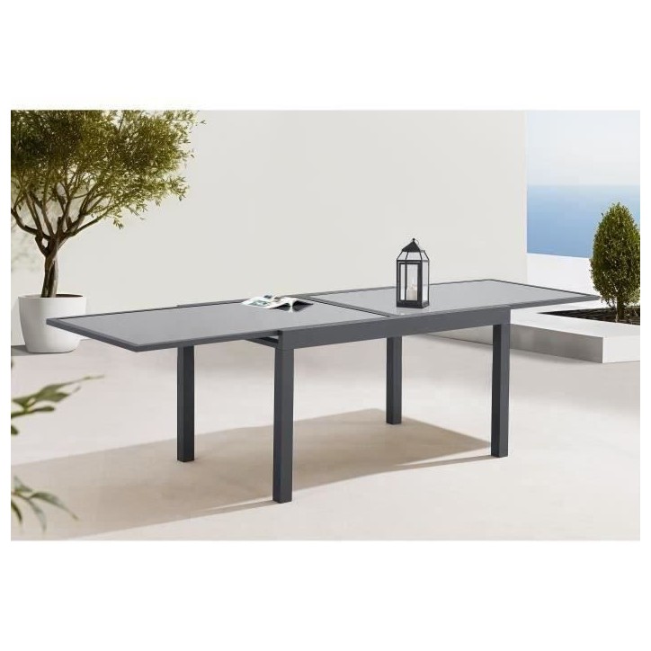 Table de jardin extensible rectangulaire 6 a 10 personnes - Structure aluminium - Plateau verre trempé - L 135-270 x H 75 x P 9 Table de jardin extensible rectangulaire 6 a 10 personnes - Structure aluminium - Plateau verre trempé - L 135-270 x H 75 x P 9