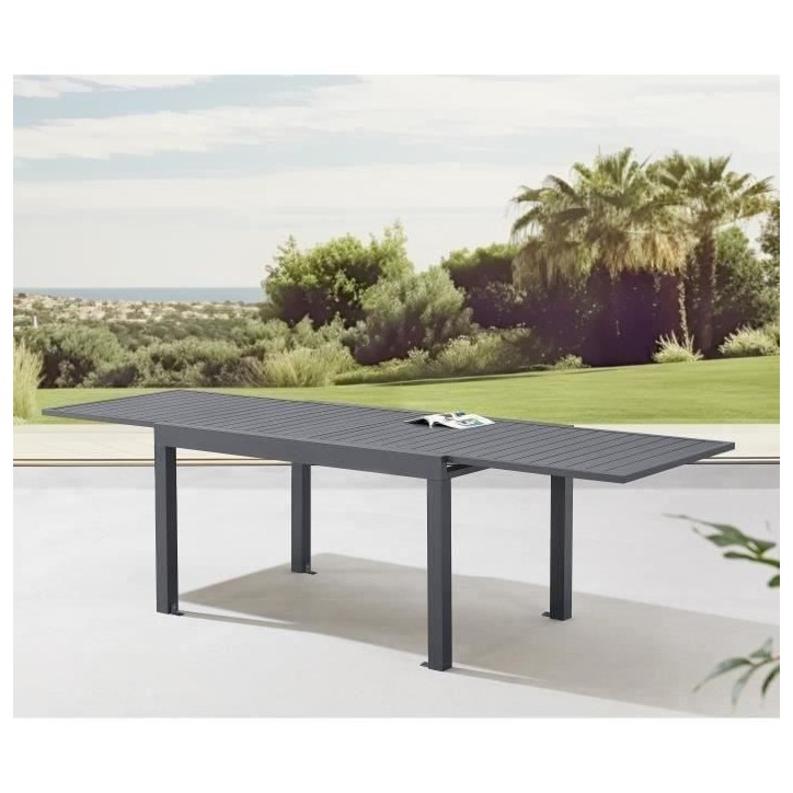 Table de jardin extensible rectangulaire 6 a 10 personnes - Structure aluminium - L 135-270 x P 90 x H 75 cm - Gris foncé Table de jardin extensible rectangulaire 6 a 10 personnes - Structure aluminium - L 135-270 x P 90 x H 75 cm - Gris foncé