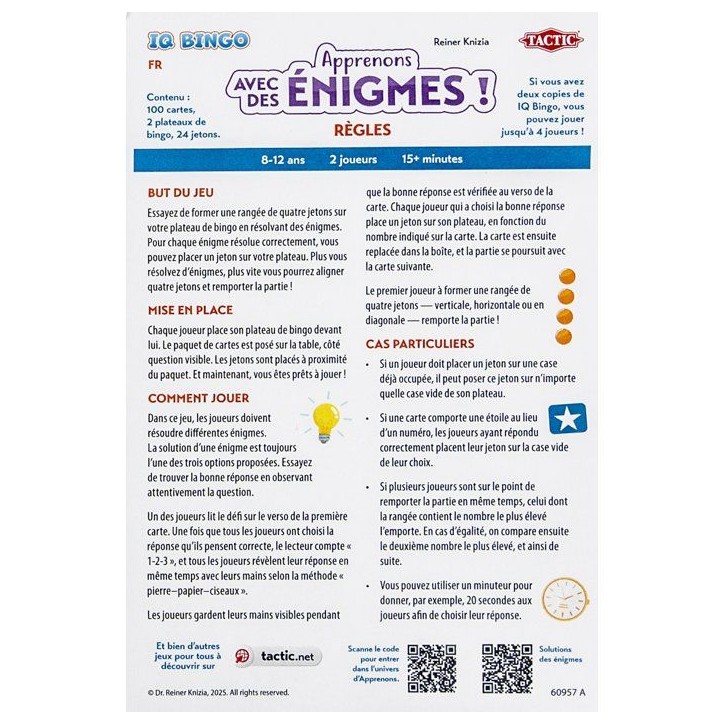 Apprenons avec des énigmes - Jeu de société - TACTIC - IQ Bingo - 2 joueurs - De 8 a 12 ans