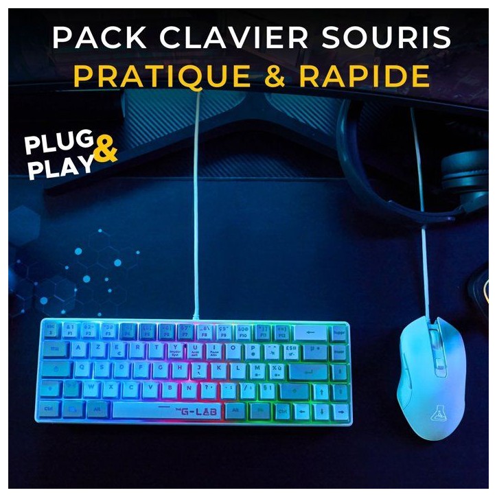 Pack 2 en 1 - THE G-LAB - Combo Hydrogen - Clavier AZERTY - Souris filaire - Blanc/Gris Pack 2 en 1 - THE G-LAB - Combo Hydrogen - Clavier AZERTY - Souris filaire - Blanc/Gris