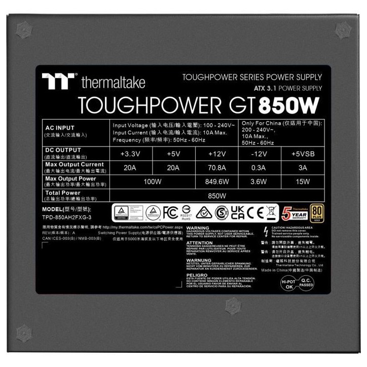 THERMALTAKE - Toughpower GT - Alimentation PC - 850 W - 80+ Gold - ATX3.1 - Full modulaire - PCI-E 5.1 12VHPWR
