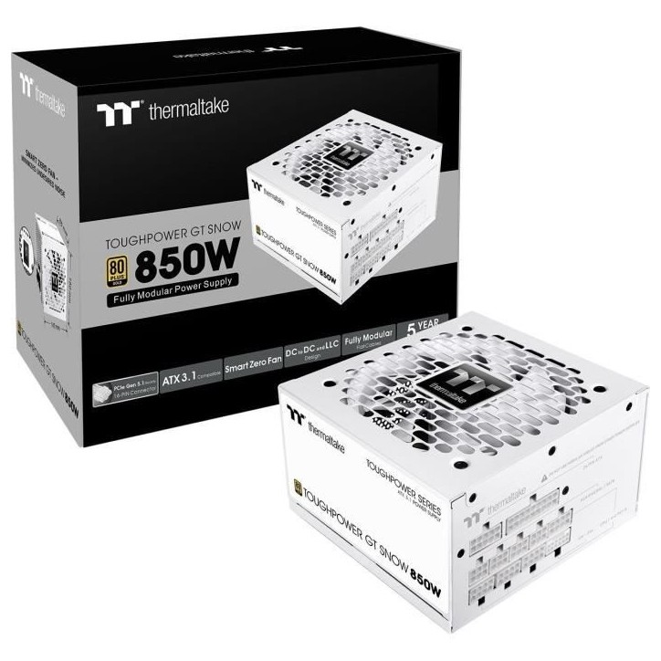THERMALTAKE - Toughpower GT Snow - Alimentation PC - 850 W - 80+ Gold - ATX3.1 - Full modulaire - PCI-E 5.1 12VHPWR THERMALTAKE - Toughpower GT Snow - Alimentation PC - 850 W - 80+ Gold - ATX3.1 - Full modulaire - PCI-E 5.1 12VHPWR