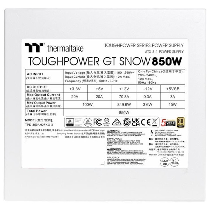 THERMALTAKE - Toughpower GT Snow - Alimentation PC - 850 W - 80+ Gold - ATX3.1 - Full modulaire - PCI-E 5.1 12VHPWR THERMALTAKE - Toughpower GT Snow - Alimentation PC - 850 W - 80+ Gold - ATX3.1 - Full modulaire - PCI-E 5.1 12VHPWR