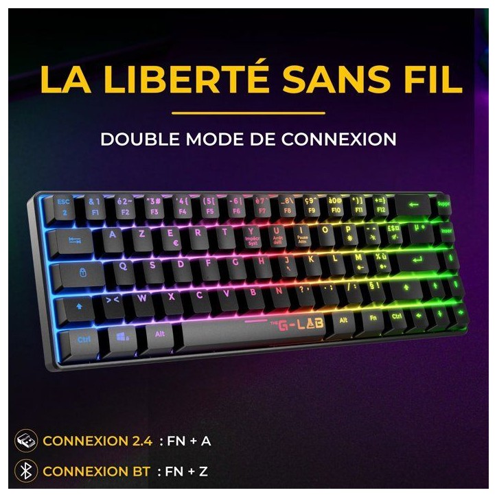 Clavier Gamer sans fil - Membrane - THE G-LAB - KEYZ HYDROGEN - Format 60% - AZERTY - Rétroéclairé - Noir