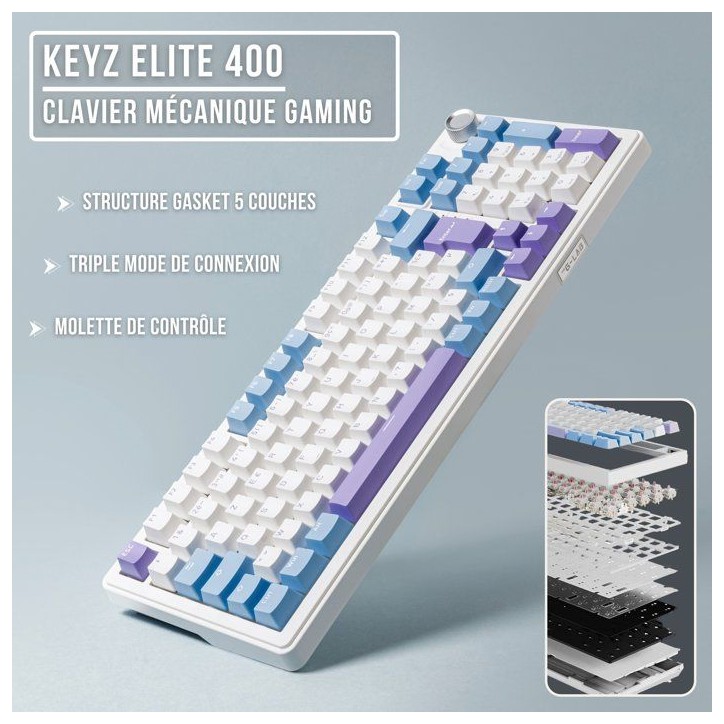 Clavier mécanique PBT Gasket - THE G-LAB - KEYZ Elite 400 WB - TripleMode - AZERTY - RGB - Windows & Mac Clavier mécanique PBT Gasket - THE G-LAB - KEYZ Elite 400 WB - TripleMode - AZERTY - RGB - Windows & Mac