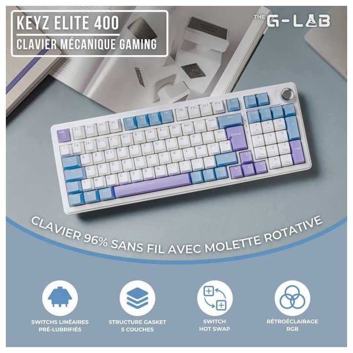 Clavier mécanique PBT Gasket - THE G-LAB - KEYZ Elite 400 WB - TripleMode - AZERTY - RGB - Windows & Mac Clavier mécanique PBT Gasket - THE G-LAB - KEYZ Elite 400 WB - TripleMode - AZERTY - RGB - Windows & Mac