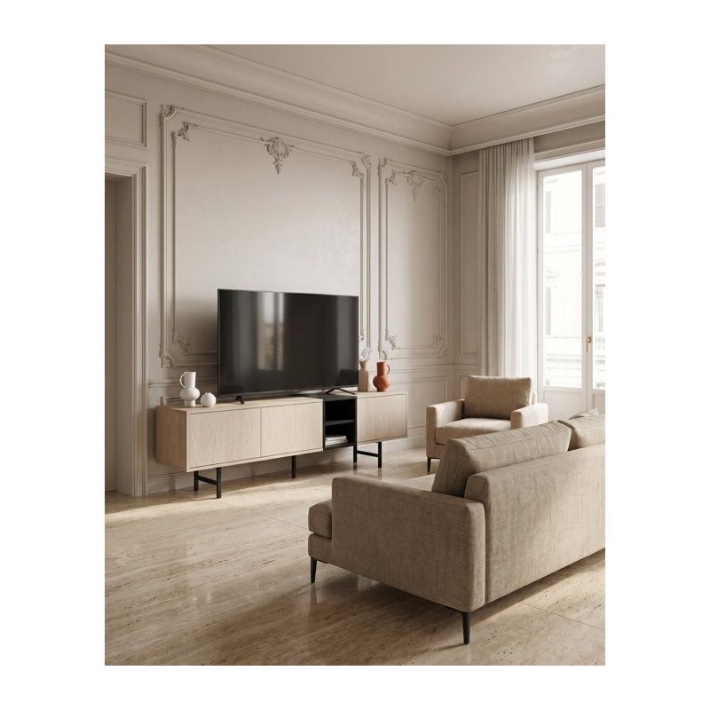 Meuble TV THEA – Chene Nordic Clair & Noir – 3 portes, 2 niches