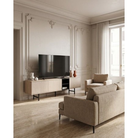 Meuble TV THEA – Chene Nordic Clair & Noir – 3 portes, 2 niches