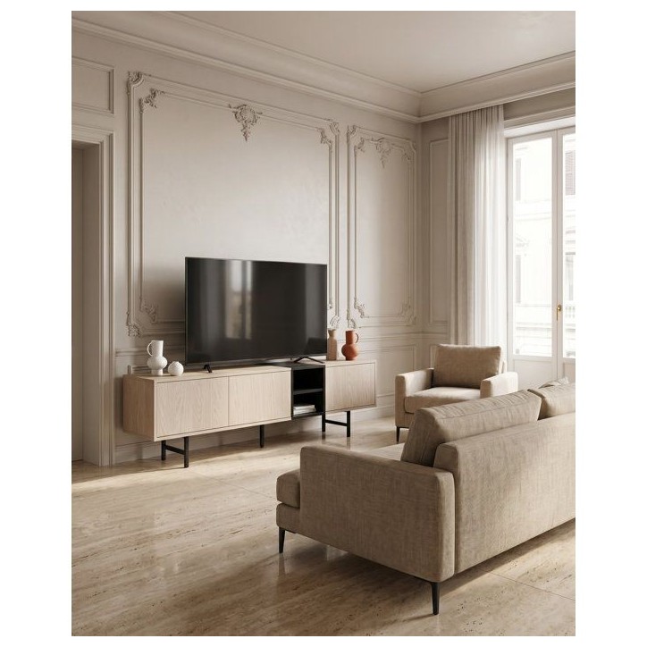 Meuble TV THEA – Chene Nordic Clair & Noir – 3 portes, 2 niches – 180 x 40 x 55 cm Meuble TV THEA – Chene Nordic Clair & Noir – 3 portes, 2 niches – 180 x 40 x 55 cm