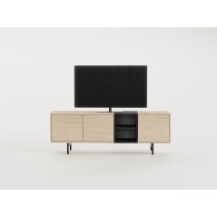 Meuble TV THEA – Chene Nordic Clair & Noir – 3 portes, 2 niches – 180 x 40 x 55 cm
