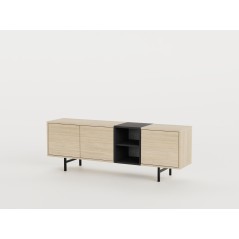 Meuble TV THEA – Chene Nordic Clair & Noir – 3 portes, 2 niches