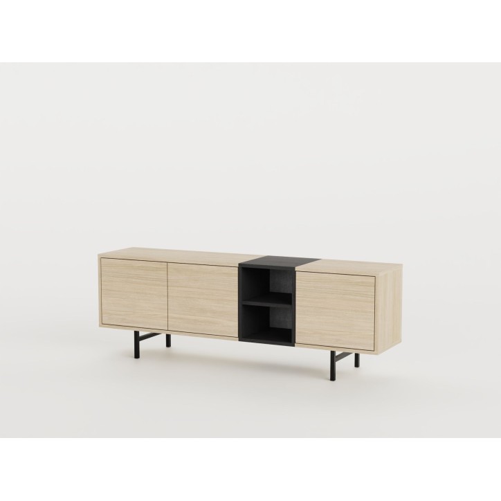 Meuble TV THEA – Chene Nordic Clair & Noir – 3 portes, 2 niches – 180 x 40 x 55 cm Meuble TV THEA – Chene Nordic Clair & Noir – 3 portes, 2 niches – 180 x 40 x 55 cm