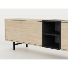 Meuble TV THEA – Chene Nordic Clair & Noir – 3 portes, 2 niches