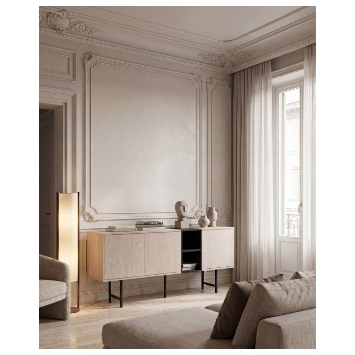 Buffet THEA – Chene Nordic Clair & Noir – 3 portes, 2 niches – 180 x 40 x 80 cm