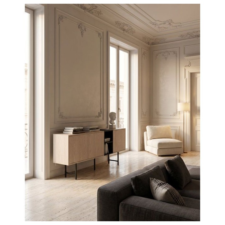 Buffet THEA – Chene Nordic Clair & Noir – 3 portes, 2 niches – 180 x 40 x 80 cm