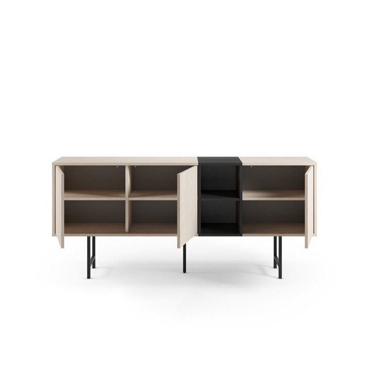 Buffet THEA – Chene Nordic Clair & Noir – 3 portes, 2 niches – 180 x 40 x 80 cm