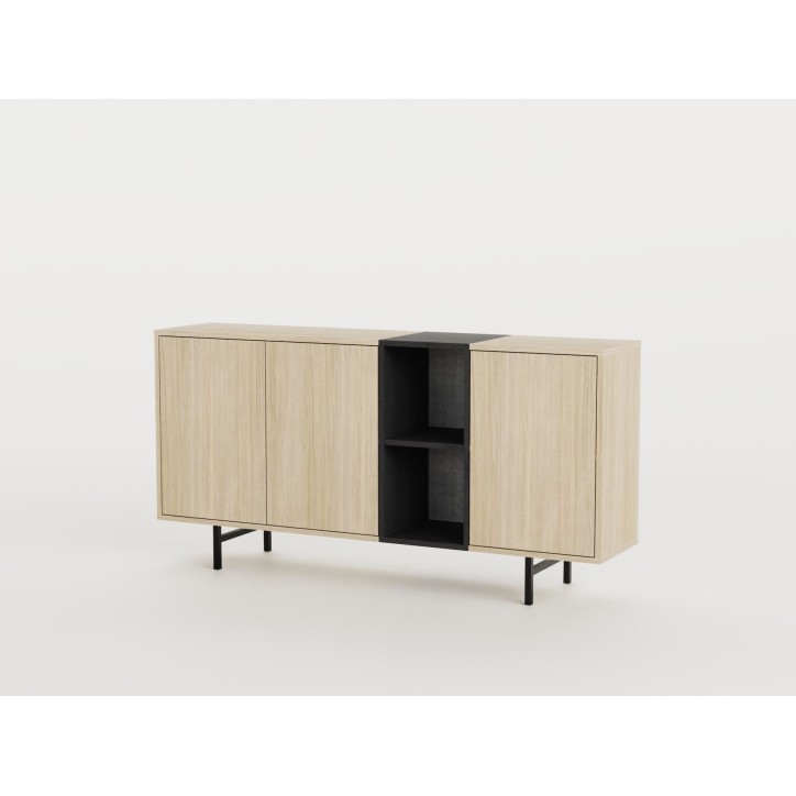 Buffet THEA – Chene Nordic Clair & Noir – 3 portes, 2 niches – 180 x 40 x 80 cm