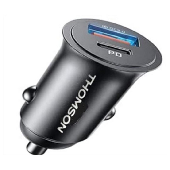 Chargeur voiture THOMSON ULTRA-COMPACT 12/24 V USB-C PD 20 W + QC 3.0 18 W (Puissance totale : 30 W) Chargeur voiture THOMSON ULTRA-COMPACT 12/24 V USB-C PD 20 W + QC 3.0 18 W (Puissance totale : 30 W)