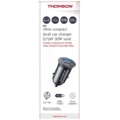 Chargeur voiture THOMSON ULTRA-COMPACT 12/24 V USB-C PD 20 W + QC 3.0 18 W (Puissance totale : 30 W)