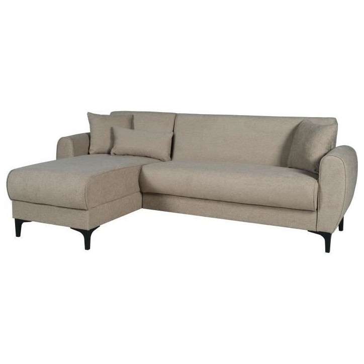 Canapé d'angle convertible réversible - 3 / 4 personnes - BILBAO - Coffre - 3 coussins - Tissu beige - 229 x 81 / 154 x 84 cm