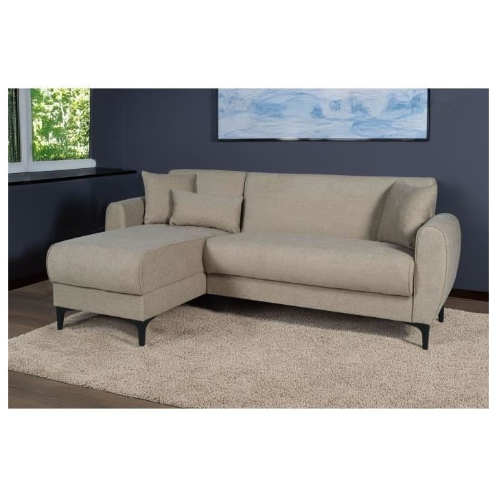 Canapé d'angle convertible réversible - 3 / 4 personnes - BILBAO - Coffre - 3 coussins - Tissu beige - 229 x 81 / 154 x 84 cm