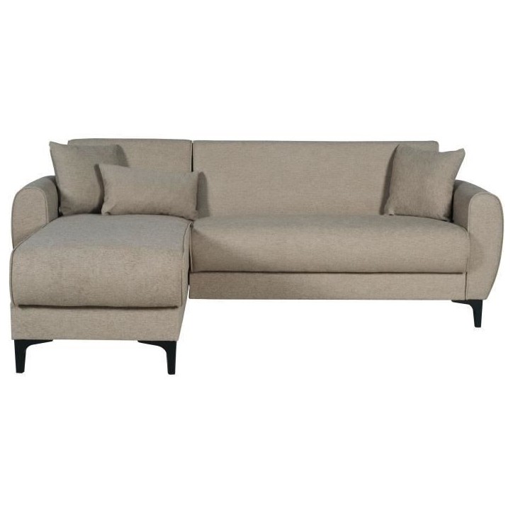Canapé d'angle convertible réversible - 3 / 4 personnes - BILBAO - Coffre - 3 coussins - Tissu beige - 229 x 81 / 154 x 84 cm