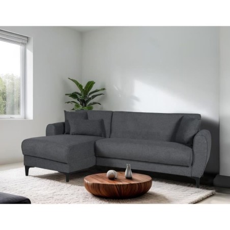 Canapé d'angle convertible réversible - 3 / 4 personnes - BILBAO - Coffre - 3 coussins - Tissu Gris foncé - 229 x 81 / 154 x