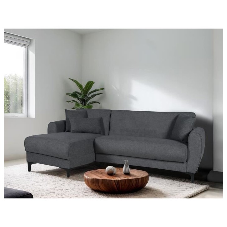 Canapé d'angle convertible réversible - 3 / 4 personnes - BILBAO - Coffre - 3 coussins - Tissu Gris foncé - 229 x 81 / 154 x