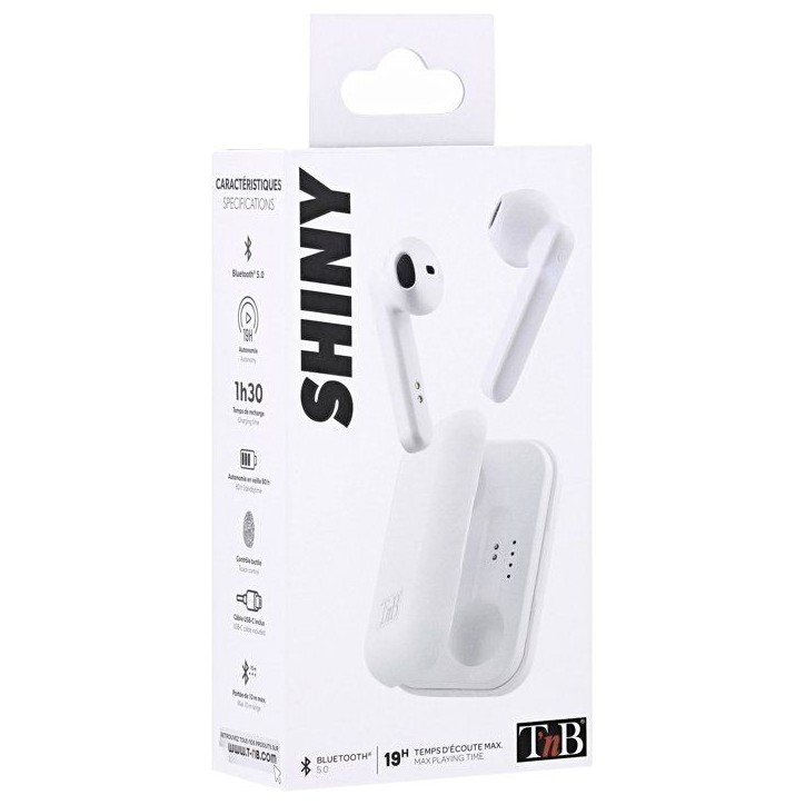 Ecouteurs sans fil TWS - T'nb - Shiny - Boîtier de charge - Bluetooth - Autonomie 25h - Contrôle tactile - Blanc Ecouteurs sans fil TWS - T'nb - Shiny - Boîtier de charge - Bluetooth - Autonomie 25h - Contrôle tactile - Blanc