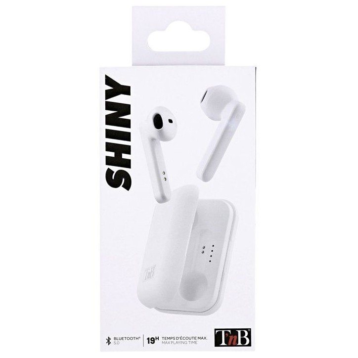 Ecouteurs sans fil TWS - T'nb - Shiny - Boîtier de charge - Bluetooth - Autonomie 25h - Contrôle tactile - Blanc Ecouteurs sans fil TWS - T'nb - Shiny - Boîtier de charge - Bluetooth - Autonomie 25h - Contrôle tactile - Blanc