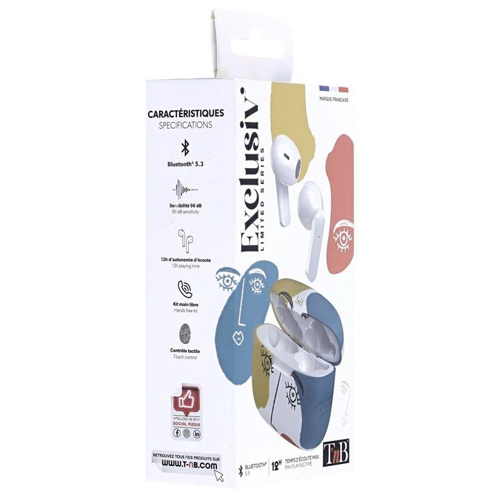 Ecouteurs sans fil - T'nb - Exclusiv' - ART 3 - Boîtier de charge inclus - Bluetooth - Autonomie 12h - Contrôle tactile - Blan Ecouteurs sans fil - T'nb - Exclusiv' - ART 3 - Boîtier de charge inclus - Bluetooth - Autonomie 12h - Contrôle tactile - Blan