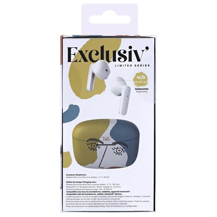 Ecouteurs sans fil - T'nb - Exclusiv' - ART 3 - Boîtier de charge inclus - Bluetooth - Autonomie 12h - Contrôle tactile - Blan Ecouteurs sans fil - T'nb - Exclusiv' - ART 3 - Boîtier de charge inclus - Bluetooth - Autonomie 12h - Contrôle tactile - Blan