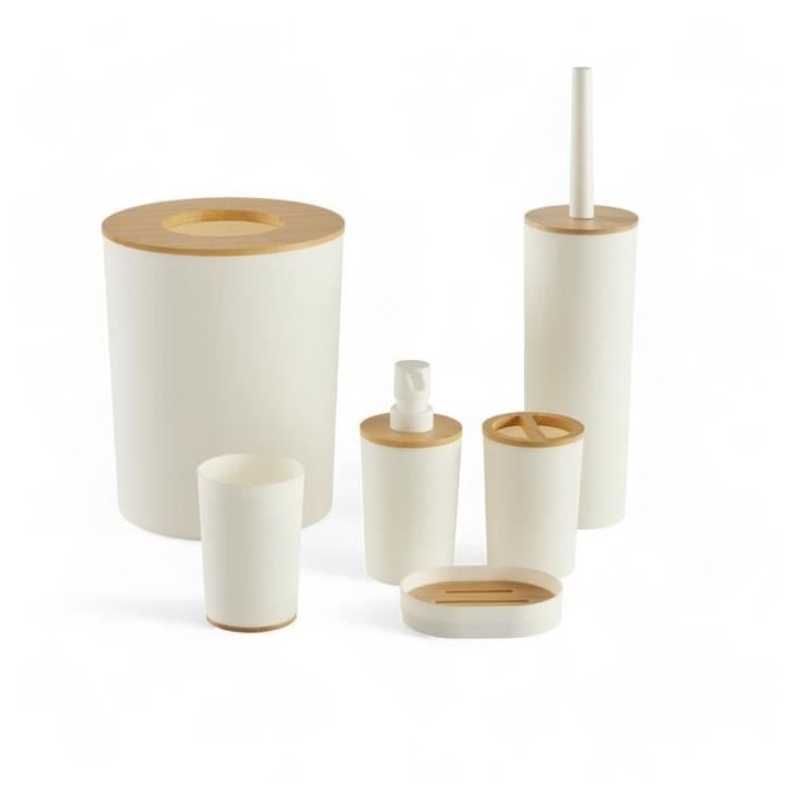 Lot de 6 acc SDB - TODAY - UTILITY - Dist savon, gobelet, porte-brosse a dents, porte savon, brosse WC, poubelle - White
