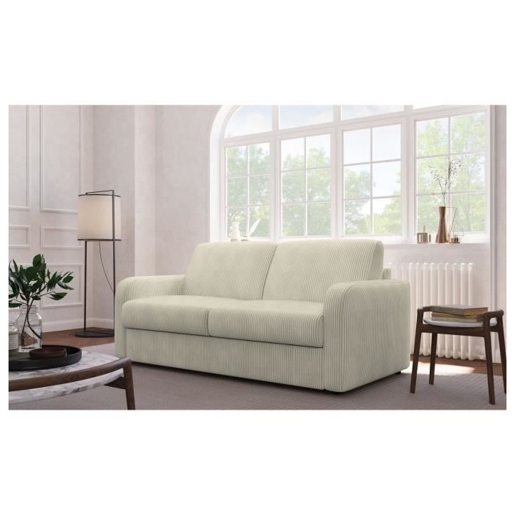 Canapé convertible express - 3 places - TOM - Velours côtelé beige - 185 x 100 x 87 cm