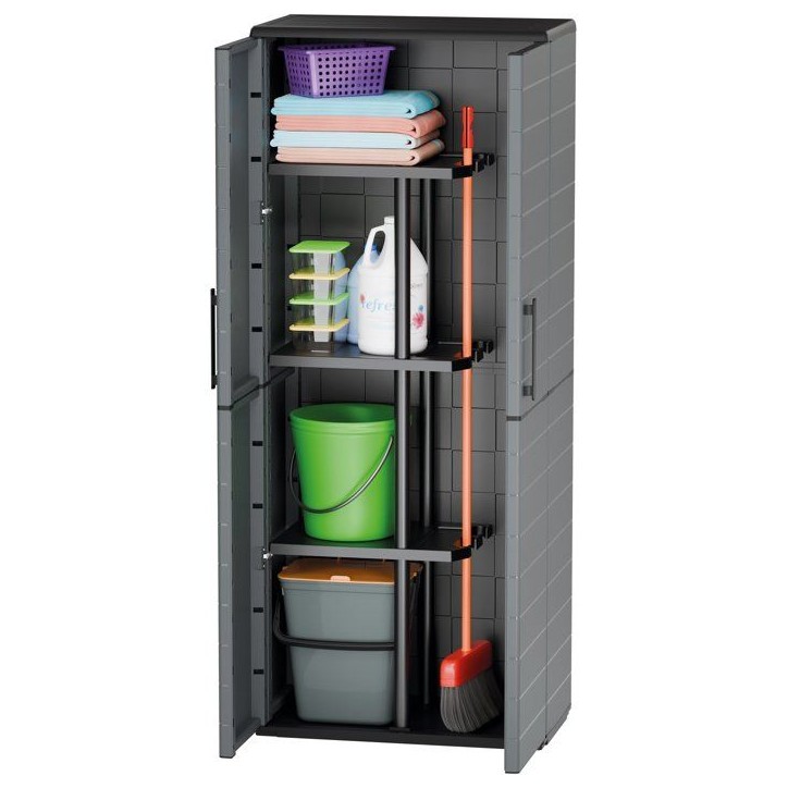 Armoire porte-balai - TOOD - 2 portes + 3 étgageres en polypropylene - 68 x 37 x H.163 cm - Gris Armoire porte-balai - TOOD - 2 portes + 3 étgageres en polypropylene - 68 x 37 x H.163 cm - Gris