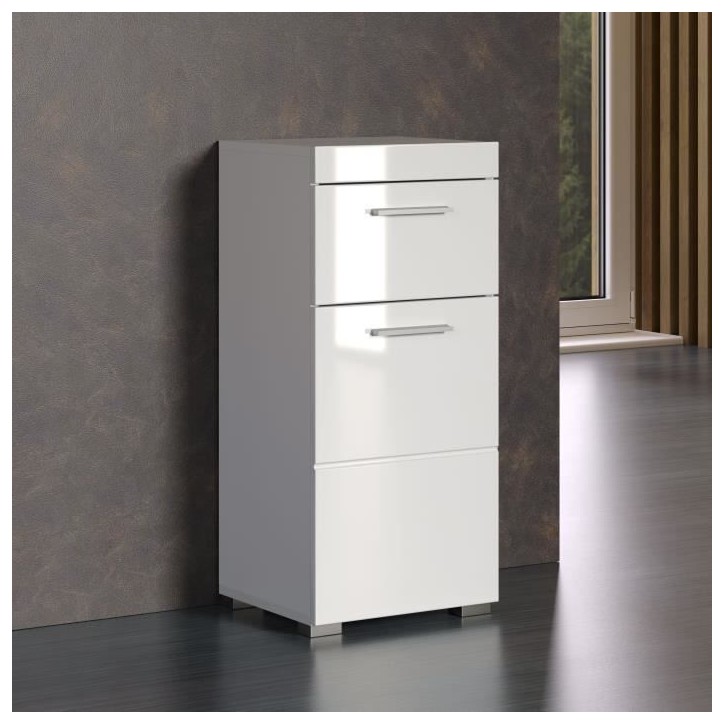 Meuble de salle de bain Rangement bas - 1 porte & 1 tiroir - Blanc - L 37 x P 31 x H 79 cm - AMANDA Meuble de salle de bain Rangement bas - 1 porte & 1 tiroir - Blanc - L 37 x P 31 x H 79 cm - AMANDA