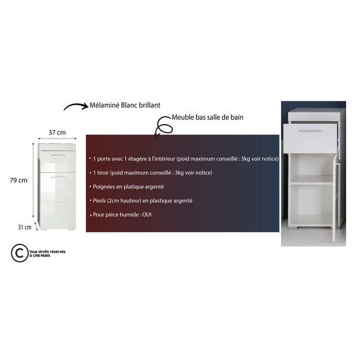 Meuble de salle de bain Rangement bas - 1 porte & 1 tiroir - Blanc - L 37 x P 31 x H 79 cm - AMANDA Meuble de salle de bain Rangement bas - 1 porte & 1 tiroir - Blanc - L 37 x P 31 x H 79 cm - AMANDA