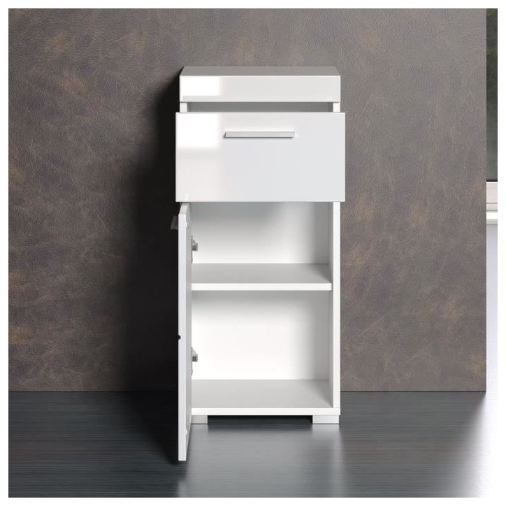 Meuble de salle de bain Rangement bas - 1 porte & 1 tiroir - Blanc - L 37 x P 31 x H 79 cm - AMANDA Meuble de salle de bain Rangement bas - 1 porte & 1 tiroir - Blanc - L 37 x P 31 x H 79 cm - AMANDA