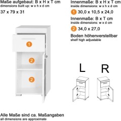 Meuble de salle de bain Rangement bas - 1 porte & 1 tiroir - Blanc - L