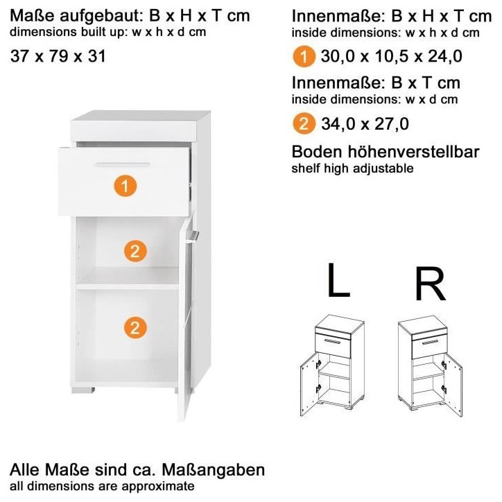 Meuble de salle de bain Rangement bas - 1 porte & 1 tiroir - Blanc - L 37 x P 31 x H 79 cm - AMANDA Meuble de salle de bain Rangement bas - 1 porte & 1 tiroir - Blanc - L 37 x P 31 x H 79 cm - AMANDA