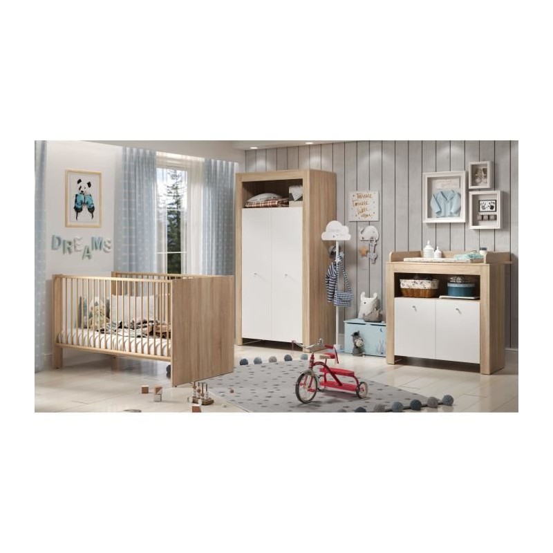 Chambre bébé trio PIA - Lit 70x140 cm + Commode a langer 2 portes +