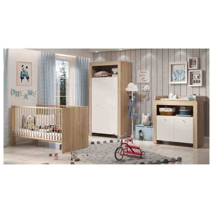 Chambre bébé trio PIA - Lit 70x140 cm + Commode a langer 2 portes + Armoire 2 portes - Décor chene sonoma et blanc mat - TREN Chambre bébé trio PIA - Lit 70x140 cm + Commode a langer 2 portes + Armoire 2 portes - Décor chene sonoma et blanc mat - TREN