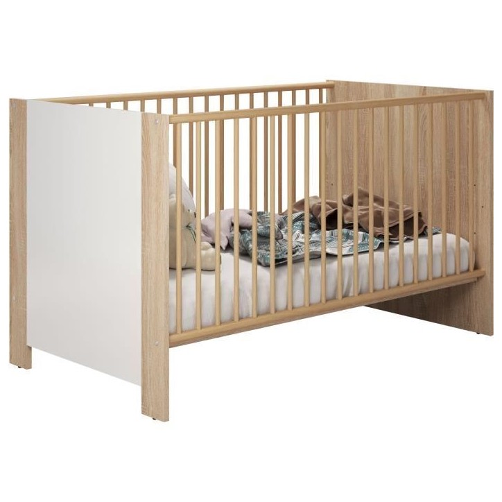 Chambre bébé trio PIA - Lit 70x140 cm + Commode a langer 2 portes + Armoire 2 portes - Décor chene sonoma et blanc mat - TREN Chambre bébé trio PIA - Lit 70x140 cm + Commode a langer 2 portes + Armoire 2 portes - Décor chene sonoma et blanc mat - TREN