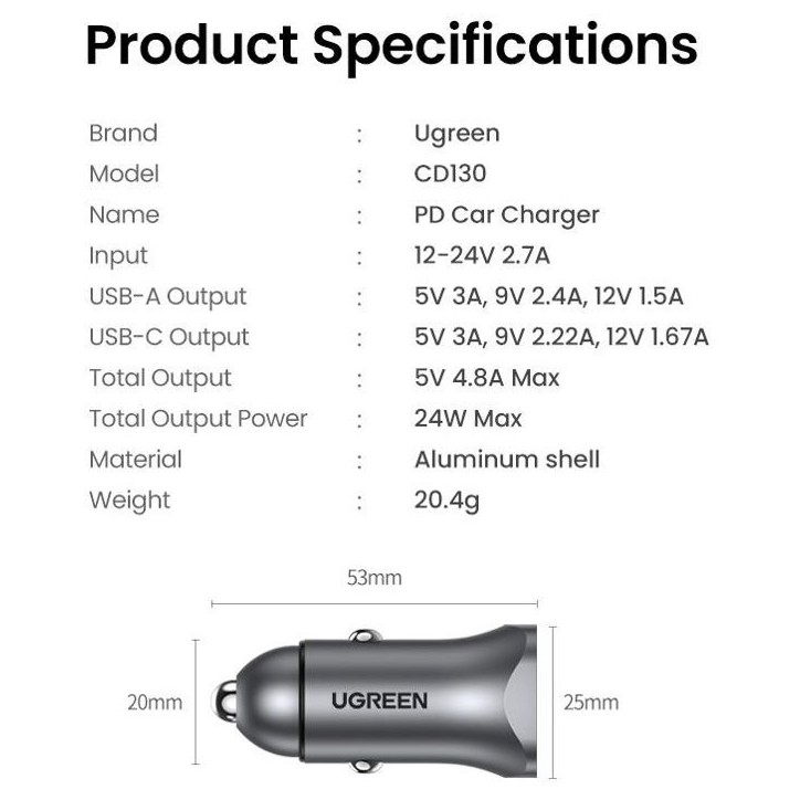 Chargeur voiture - UGREEN - 1 USB-C + 1 USB-A - 30W - Gris Chargeur voiture - UGREEN - 1 USB-C + 1 USB-A - 30W - Gris